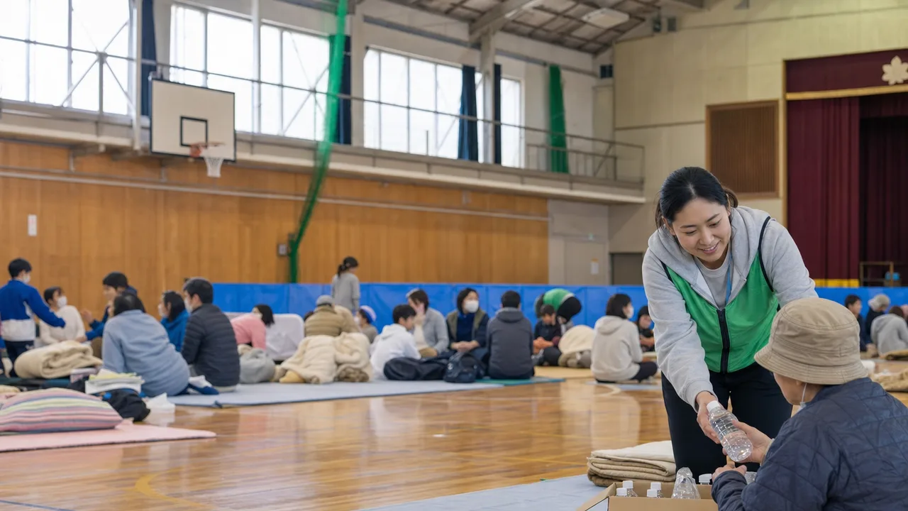 地震後の避難所で支え合う地域住民（横長・コピースペース）。防災、地震対策、避難所運営、地域支援の記事に使える素材です。