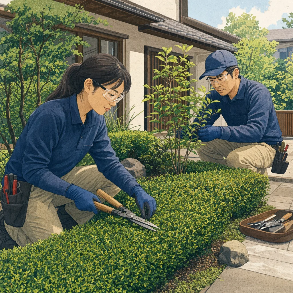 庭を手入れする日本人造園作業員（編集記事向け）。造園業、庭づくり、緑化、屋外作業の記事向け素材です。