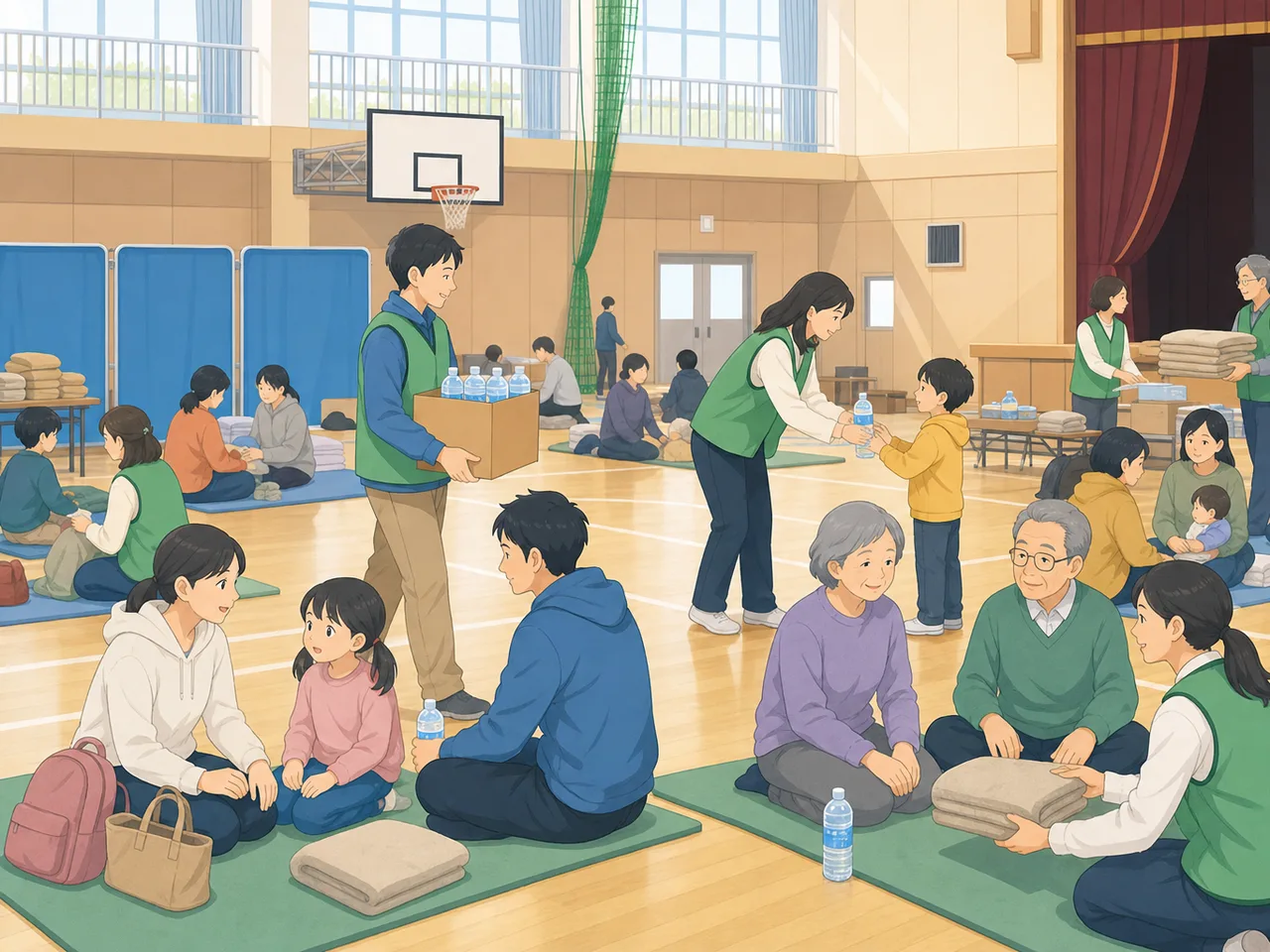 地震後の避難所で支え合う地域住民（フラットイラスト）。防災、地震対策、避難所運営、地域支援の記事に使える素材です。