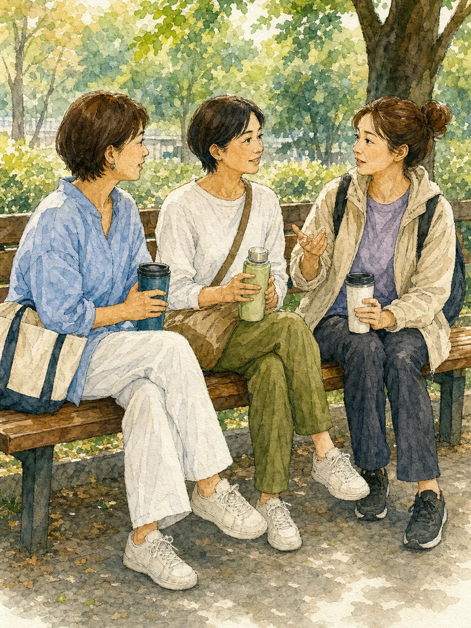 会話を楽しむ日本人の女友達（手描き水彩）。女友達、友情、会話、休日の記事向け素材です。