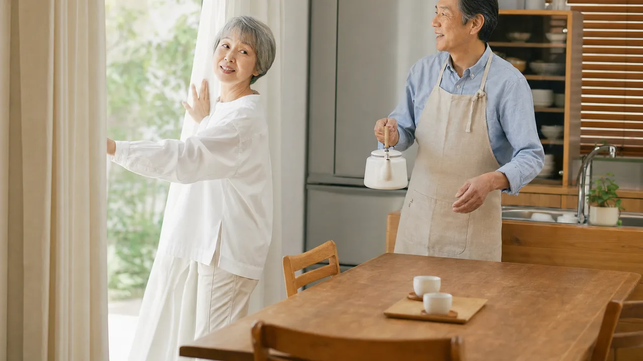 日常を過ごす日本人シニア夫婦（横長・コピースペース）。シニア夫婦、二人暮らし、日常、自立した暮らしの記事向け素材です。
