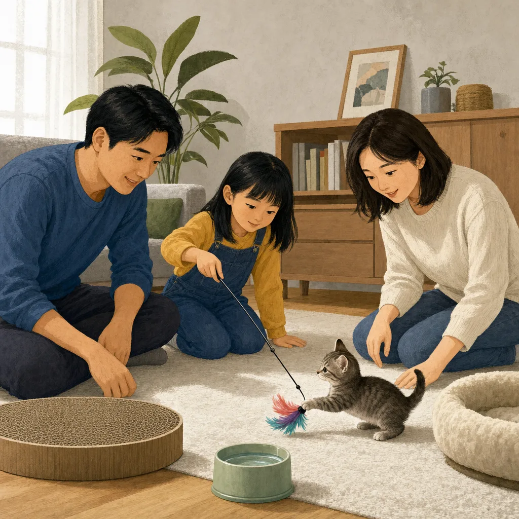子猫を見守る日本人家族（編集記事向け）。子猫、猫との暮らし、家族、ペットケアの記事向け素材です。
