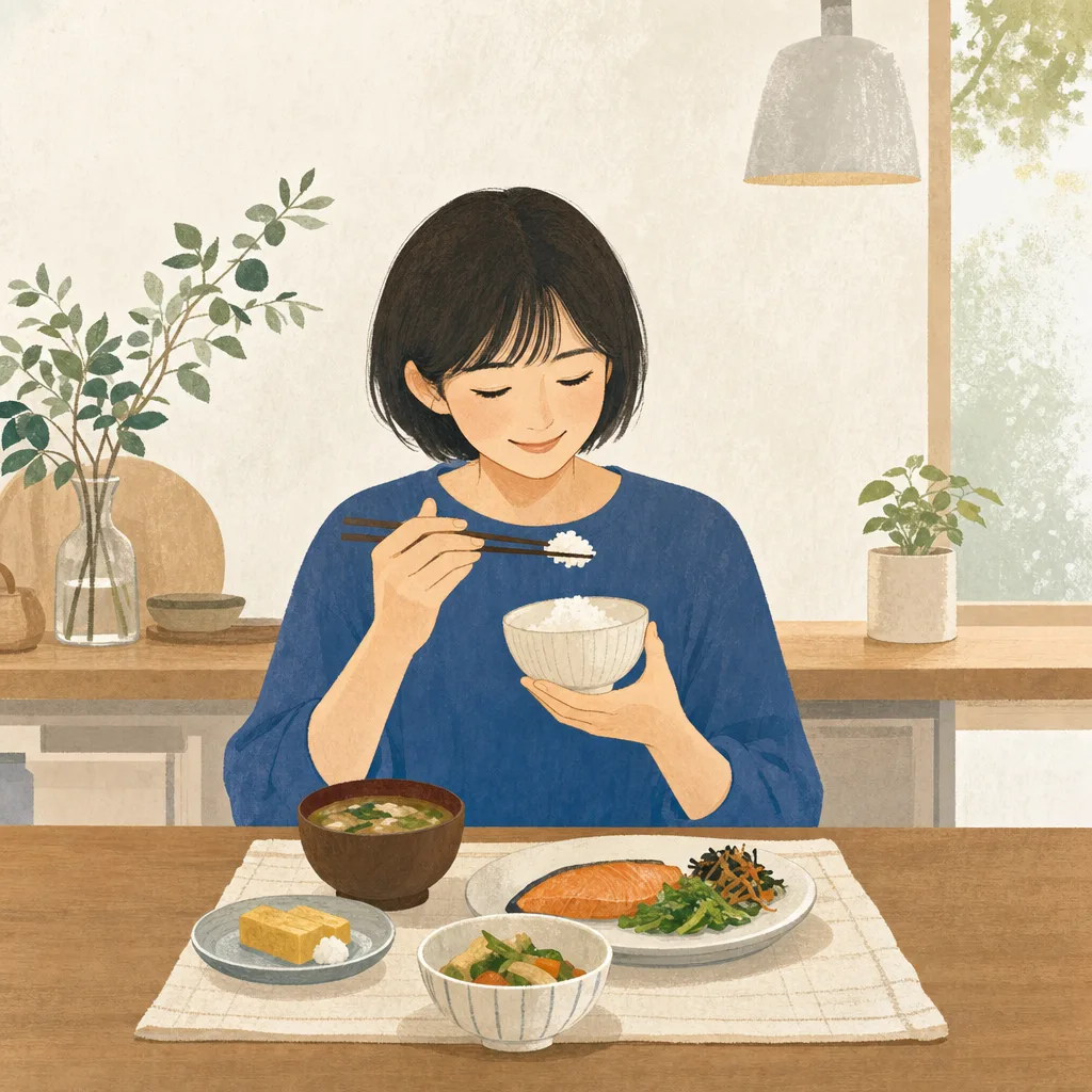 一人の食事を楽しむ日本人（編集記事向け）。一人ごはん、一人暮らし、食事、ソロ活の記事や案内に使える商用素材です。