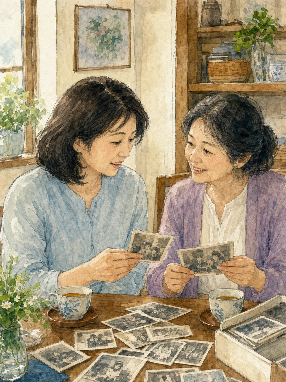 会話を楽しむ日本人の姉妹（手描き水彩）。姉妹、きょうだい、会話、家族関係の記事向け素材です。