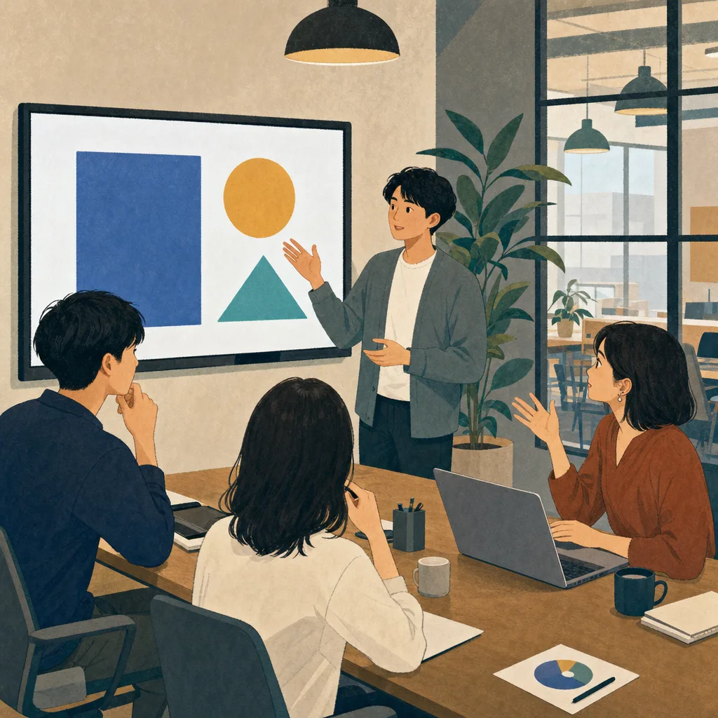 事業提案を練習する日本人スタートアップ（編集記事向け）。ピッチ練習、事業提案、スタートアップ、起業の記事や案内に使える商用素材です。