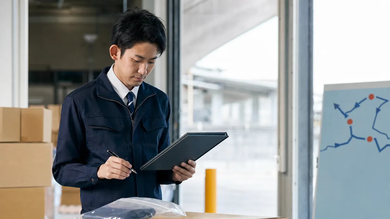 輸入通関を確認する日本人通関士（横長・コピースペース）。通関士、輸入通関、貿易、税関手続きの記事や案内に使える商用素材です。