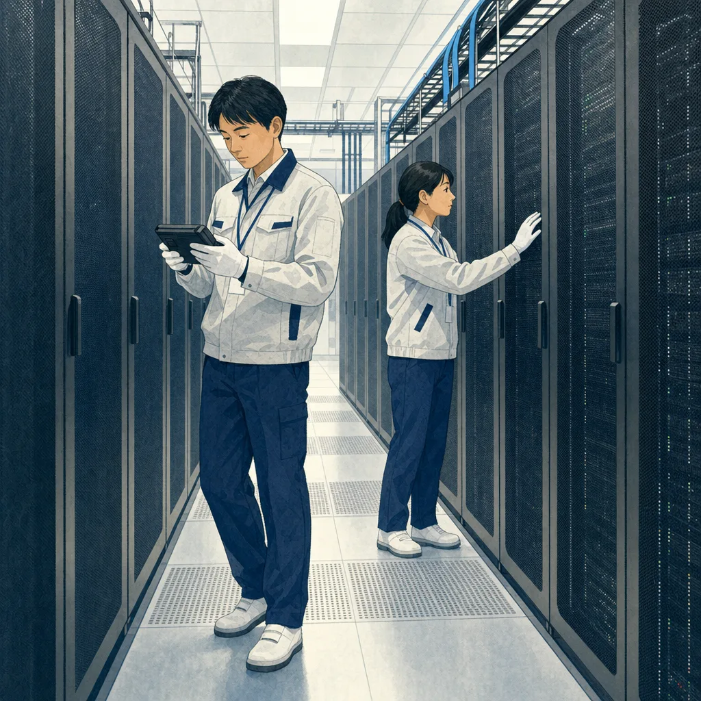 データセンターを点検する日本人技術者（編集記事向け）。データセンター、サーバー、ITインフラ、保守の記事向け素材です。