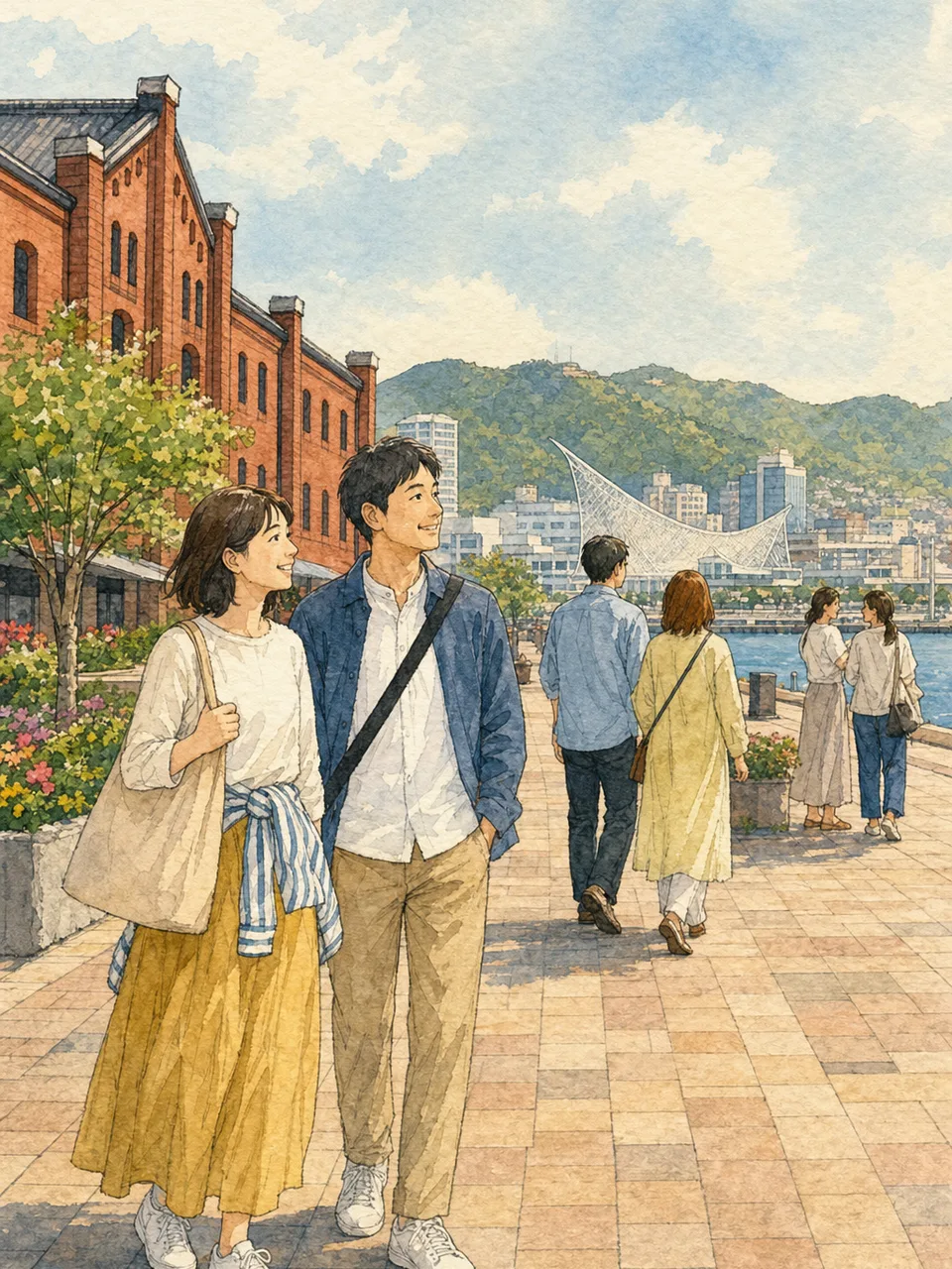 神戸の港を楽しむ日本人旅行者（手描き水彩）。神戸、港町、関西旅行、都市観光の記事向け素材です。