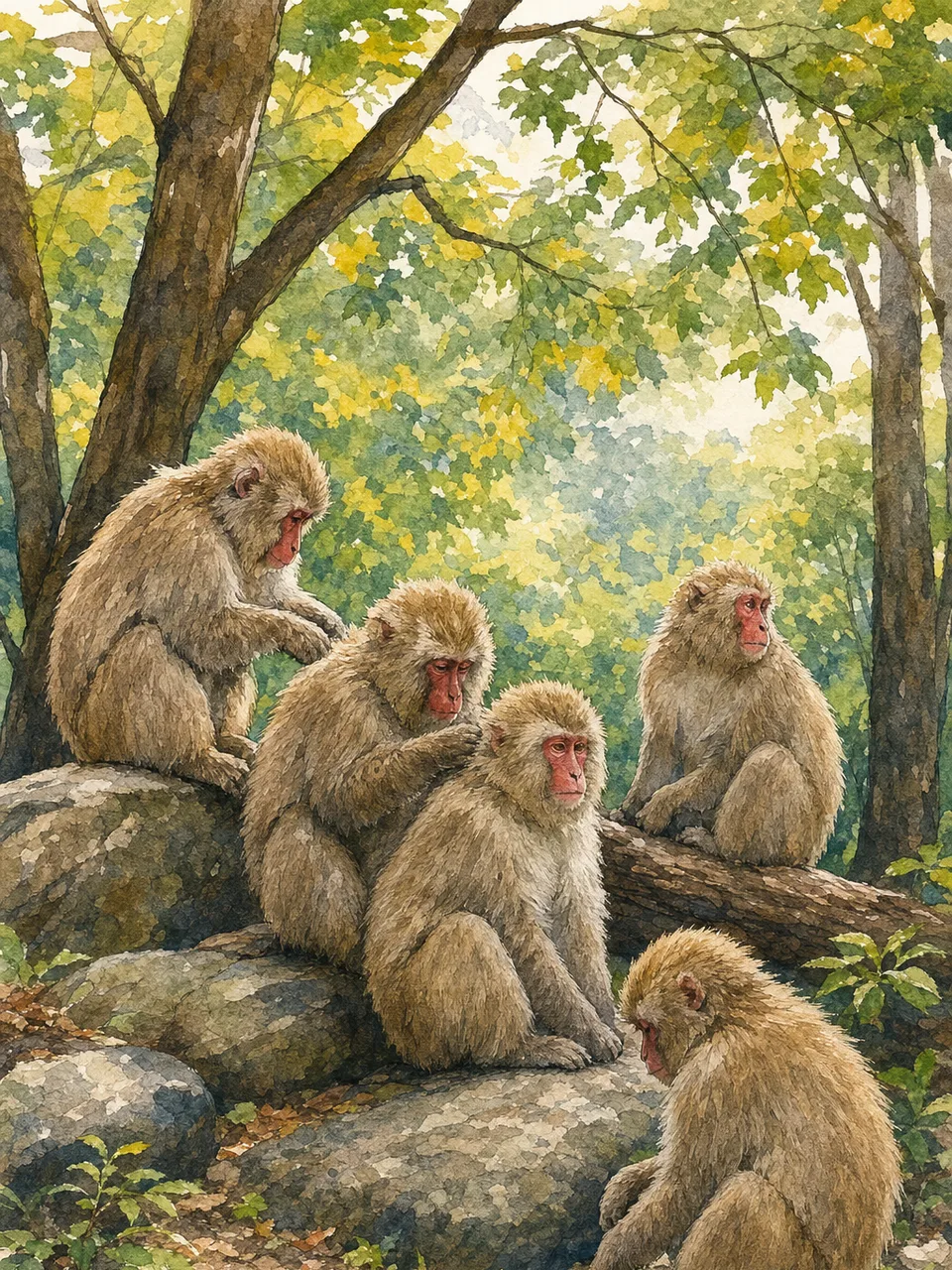森で暮らすニホンザル（手描き水彩）。ニホンザル、野生動物、サル、森林の記事や案内に使える商用素材です。