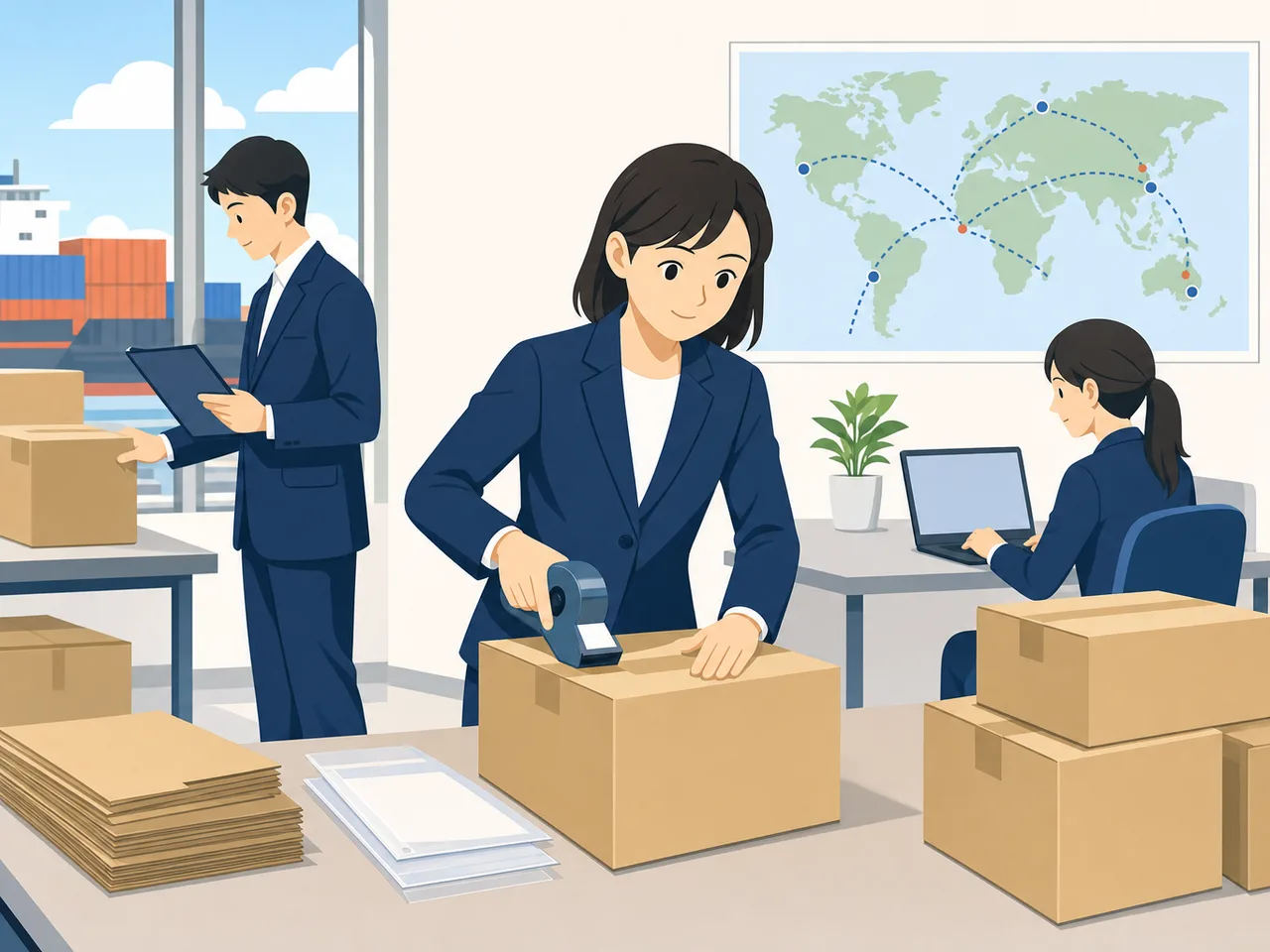 輸出手続きを準備する日本人担当者（フラットイラスト）。輸出手続き、貿易実務、国際物流、通関書類の記事や案内に使える商用素材です。