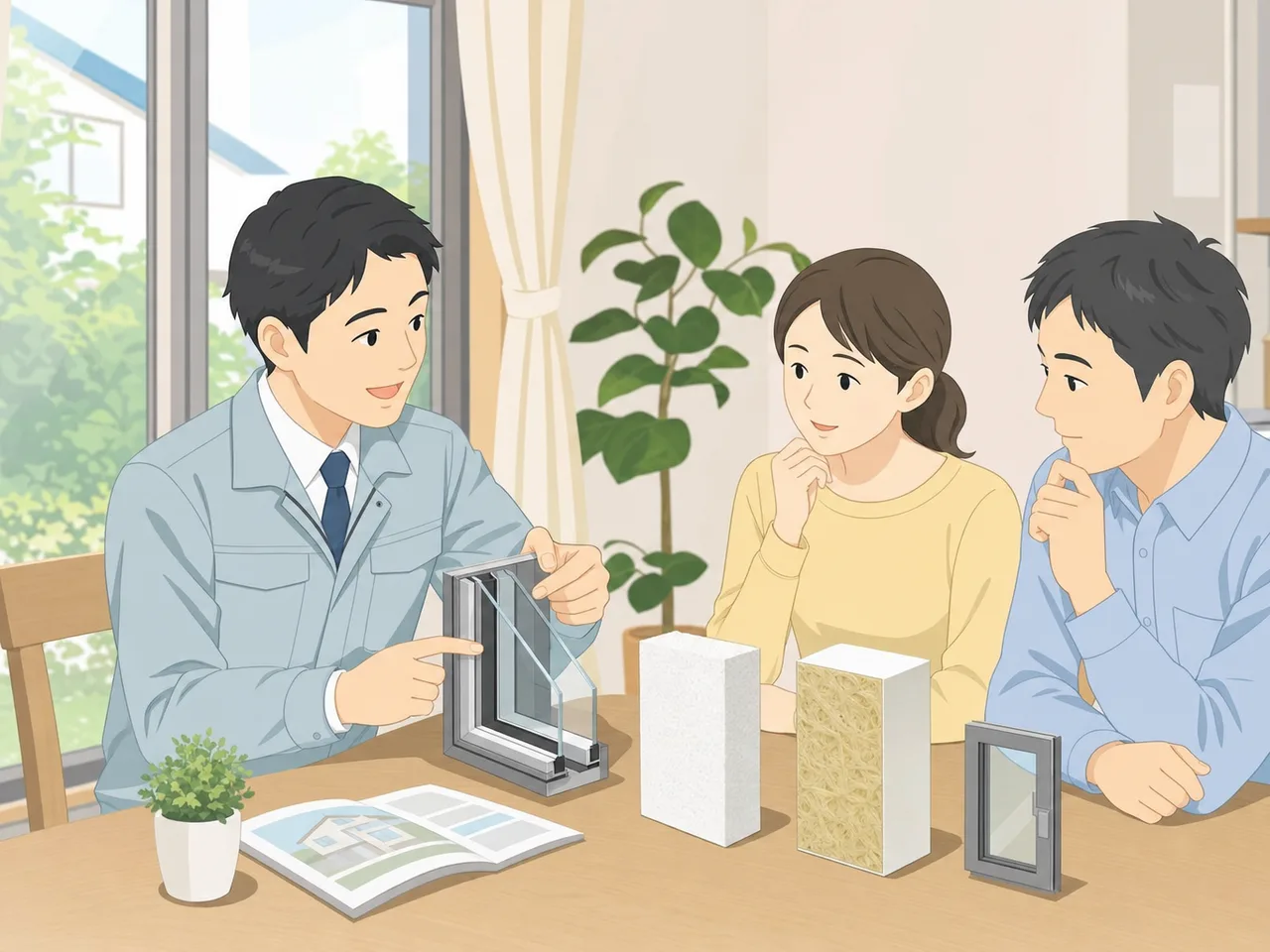 住宅の断熱を確認する日本人（フラットイラスト）。住宅の断熱、省エネ住宅、窓、住宅性能の記事向け素材です。
