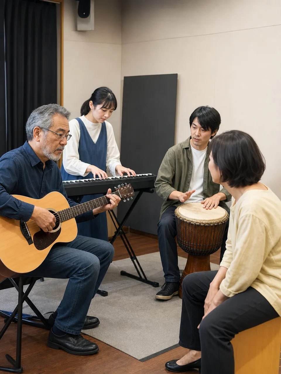 演奏を練習する日本人音楽家（自然な縦位置写真）。音楽家、演奏、リハーサル、文化活動の記事に使える素材です。