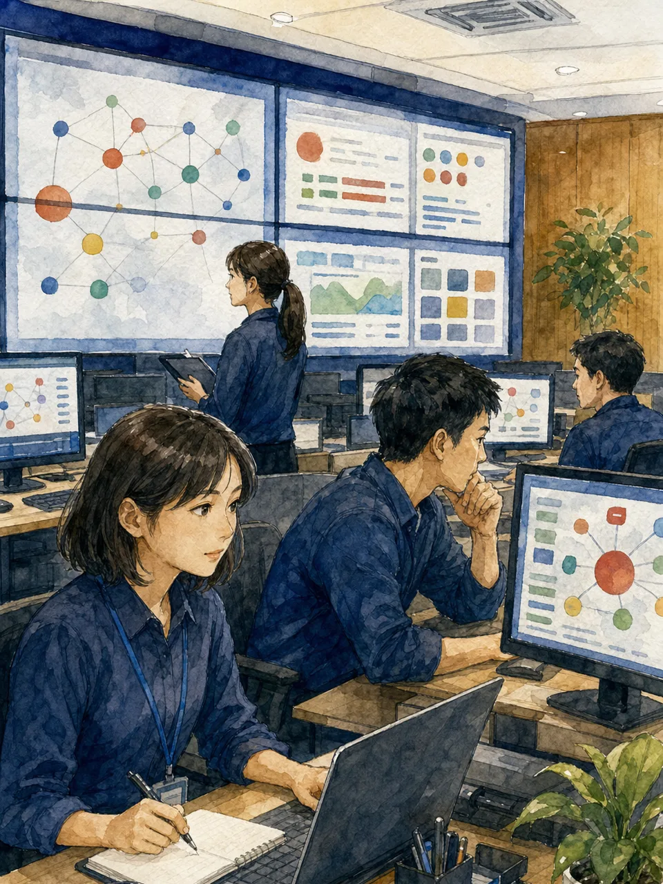 サイバーセキュリティを守る日本人チーム（手描き水彩）。サイバーセキュリティ、SOC、監視、情報保護の記事向け素材です。