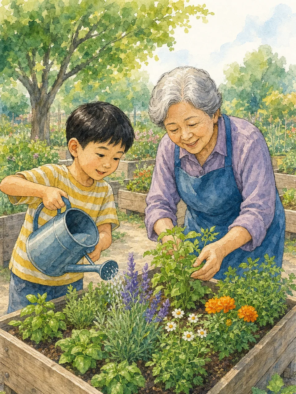 園芸を楽しむ日本人の祖母と孫息子（手描き水彩）。祖母と孫息子、世代間交流、園芸、家族の記事向け素材です。