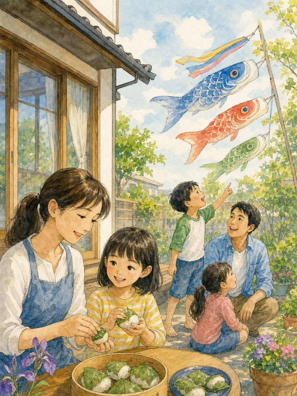 こどもの日を祝う日本人家族（手描き水彩）。こどもの日、鯉のぼり、家族、春の行事の記事向け素材です。