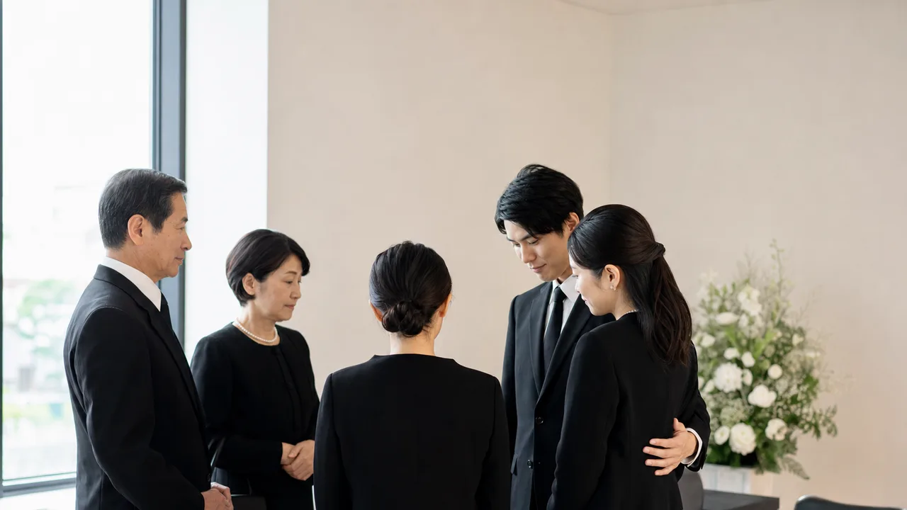 葬儀で寄り添う日本人家族（横長・コピースペース）。葬儀、家族、供養、葬祭サービスを静かに表現する素材です。