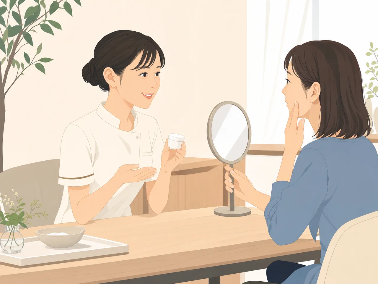 肌の相談を受ける日本人エステティシャン（フラットイラスト）。エステティシャン、エステサロン、美容相談の記事向け素材です。