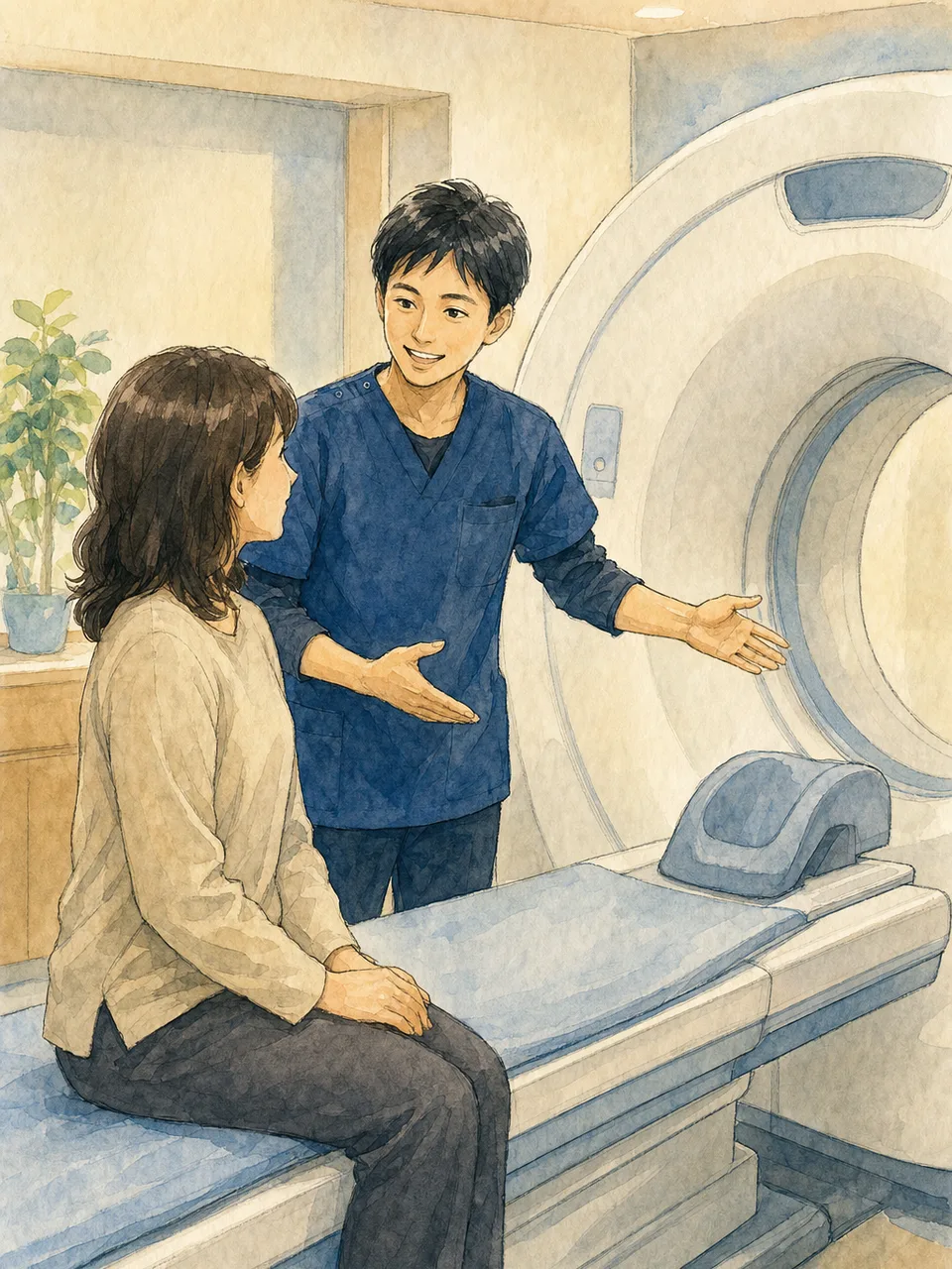 検査を説明する日本人診療放射線技師（手描き水彩）。診療放射線技師、画像検査、病院、患者説明の記事向け素材です。