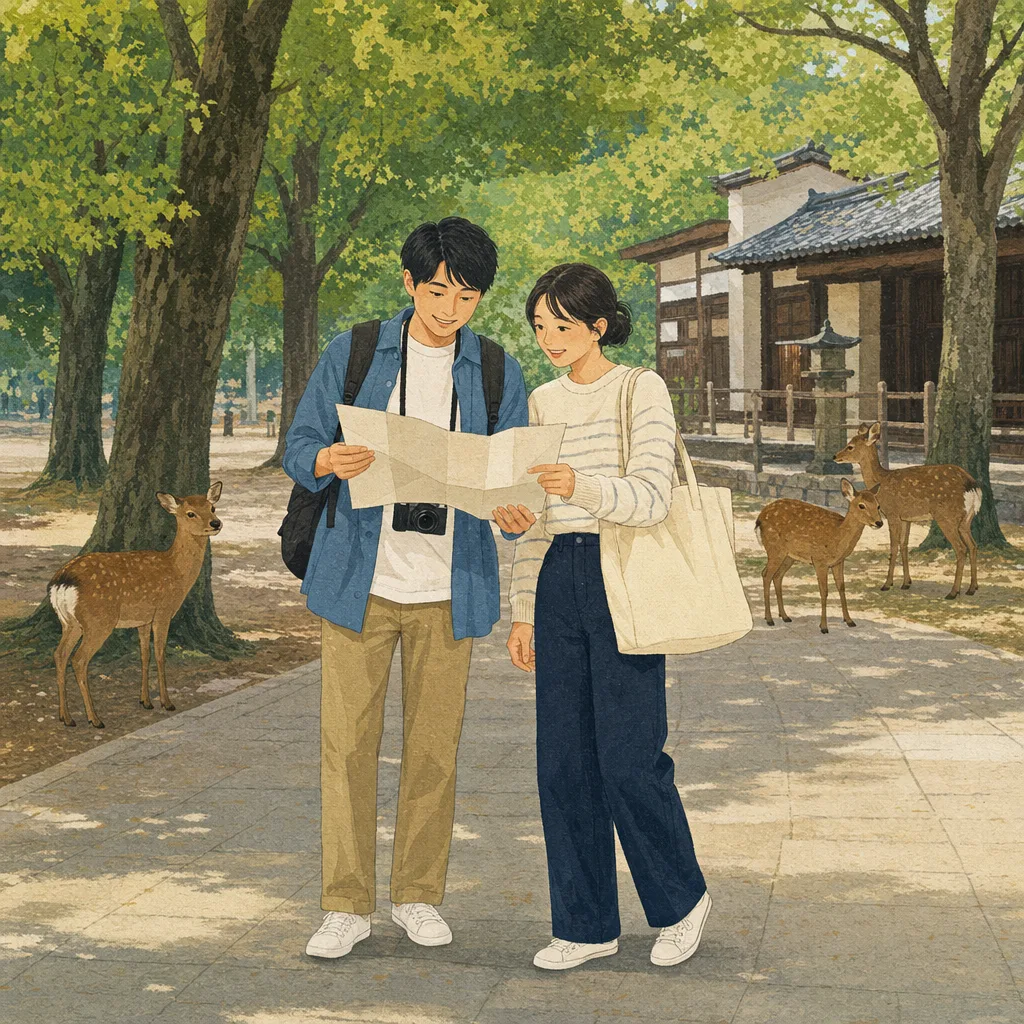 奈良の公園を歩く日本人旅行者（編集記事向け）。奈良、国内旅行、鹿、公園観光の記事に使える素材です。