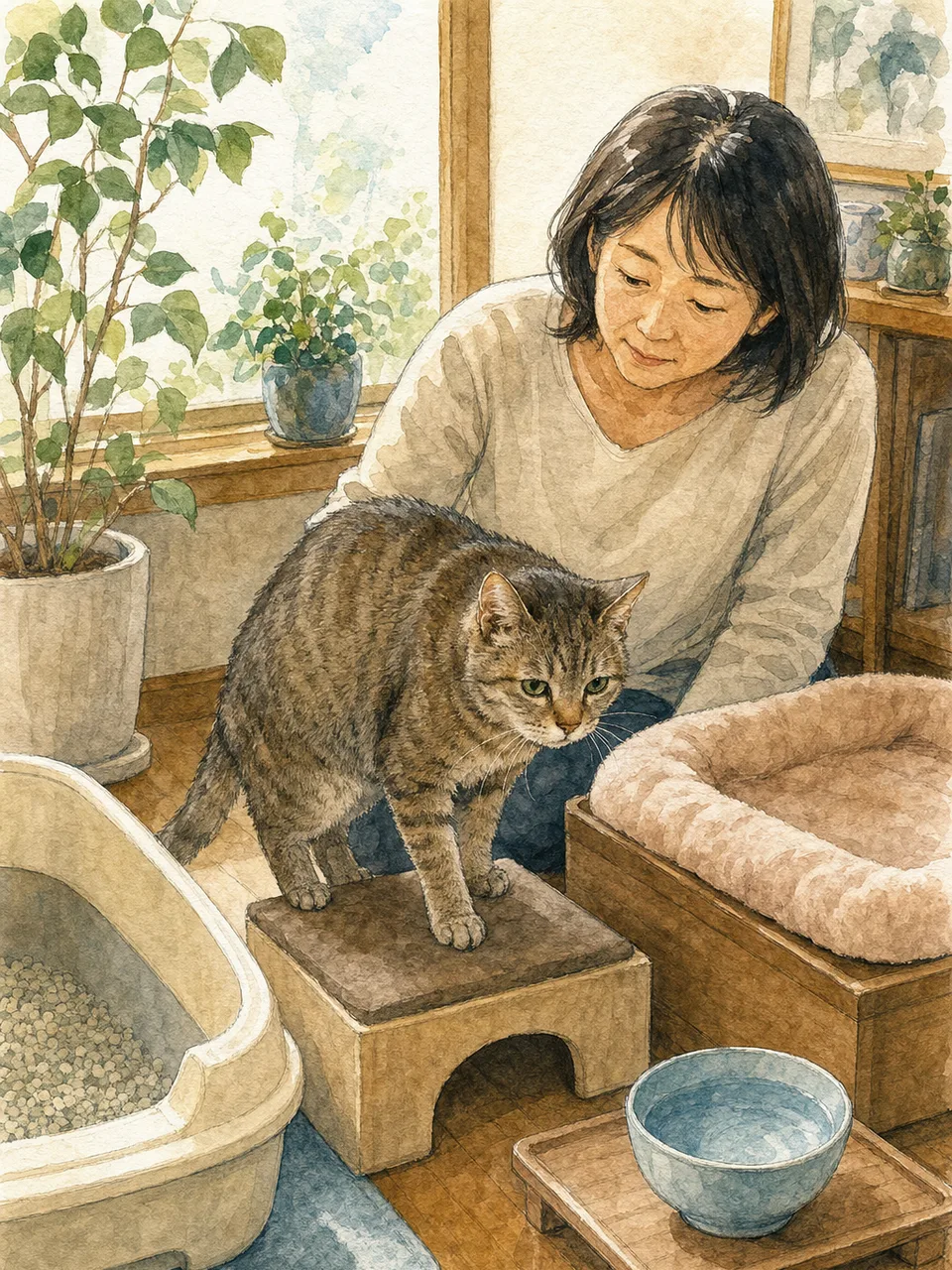 老猫をやさしく見守る日本人（手描き水彩）。老猫介護、シニア猫、ペットケア、暮らしの記事向け素材です。