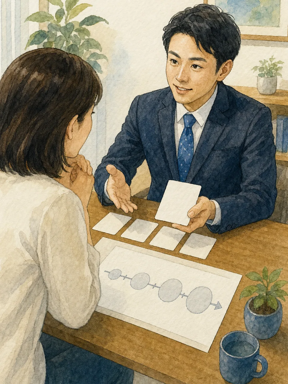 保障を説明する日本人保険担当者（手描き水彩）。保険営業、保障相談、ライフプラン、金融サービスの記事向け素材です。