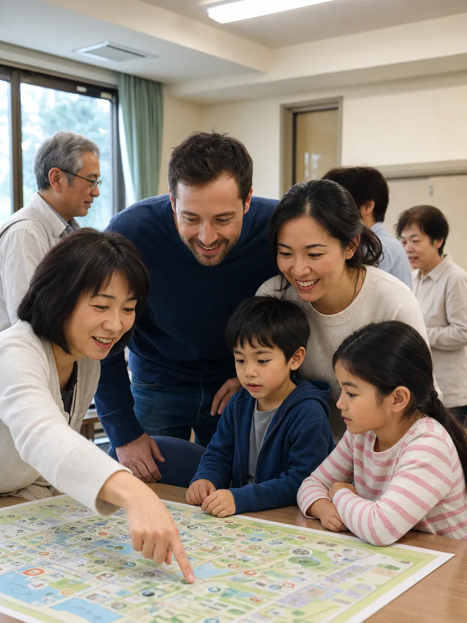 地域で暮らす外国人家族（自然な縦位置写真）。外国人家族、多文化共生、地域生活、子育ての記事向け素材です。