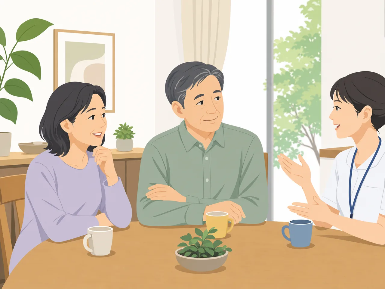 在宅療養の希望を話し合う日本人家族（フラットイラスト）。在宅療養、緩和ケア、家族相談、意思決定支援の記事や案内に使える商用素材です。