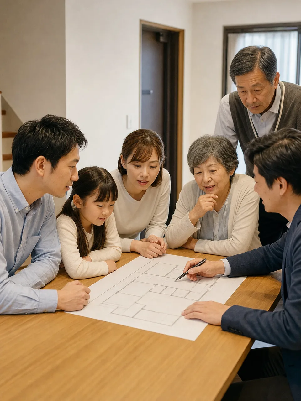 二世帯住宅で暮らす日本人家族（自然な縦位置写真）。二世帯住宅、三世代家族、間取り、住まいの記事向け素材です。