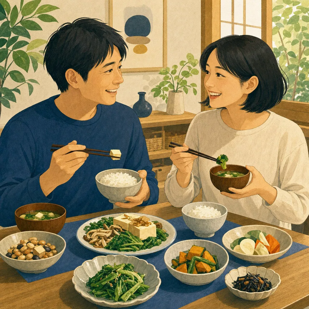 植物性の和食を楽しむ日本人（編集記事向け）。プラントベース、植物性食品、和食、豆腐料理の記事や案内に使える商用素材です。