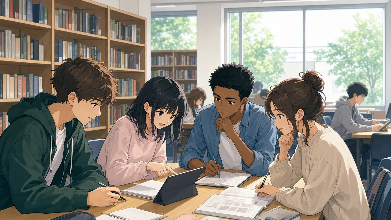 勉強する学生のアニメ風イラスト（アニメ風・横長）。教育、学習、受験の記事やアプリに使える、完全オリジナルのアニメ風学生素材です。