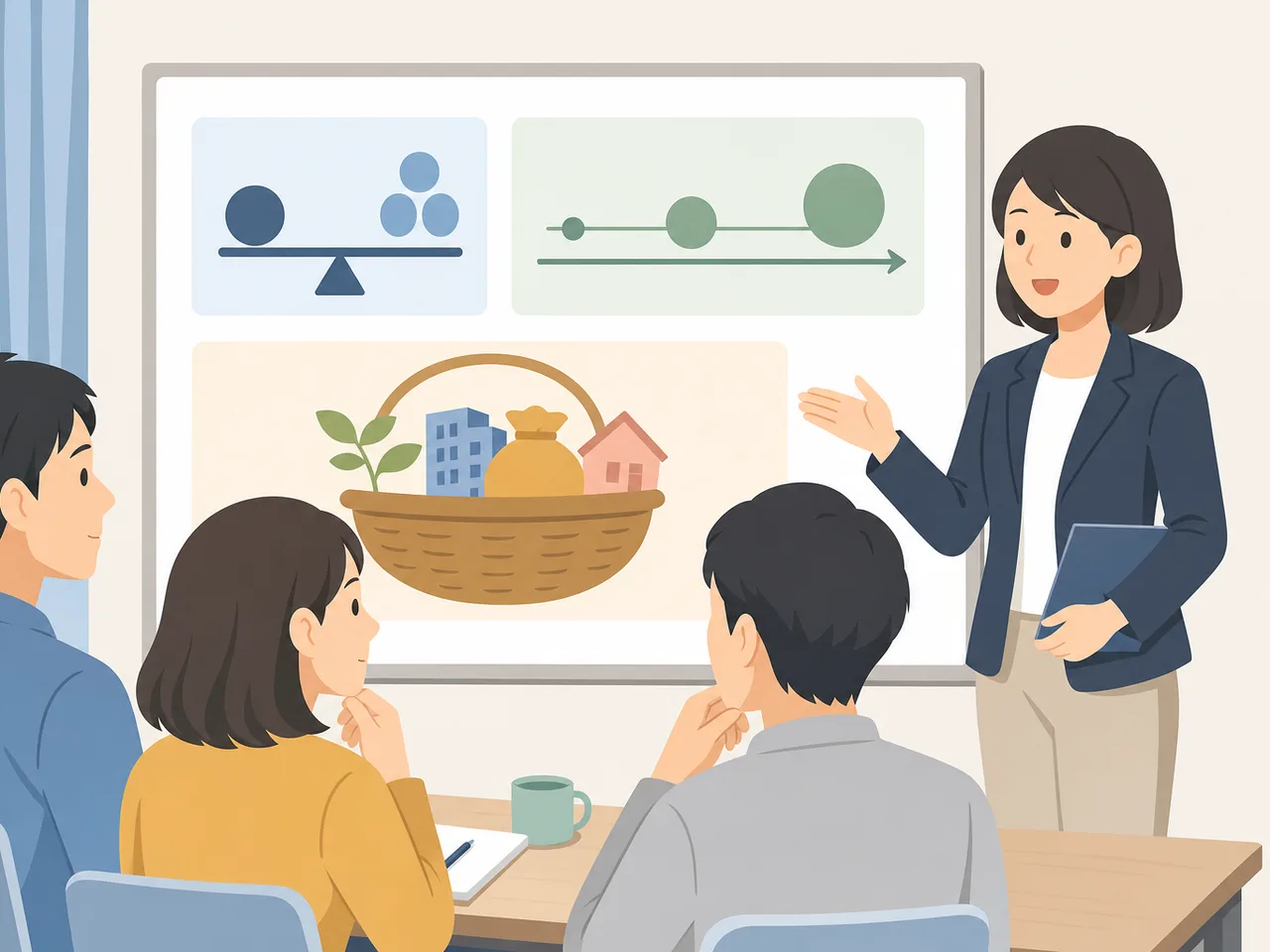 資産運用を学ぶ日本人初心者（フラットイラスト）。投資初心者講座、金融教育、資産運用、分散投資の記事や案内に使える商用素材です。