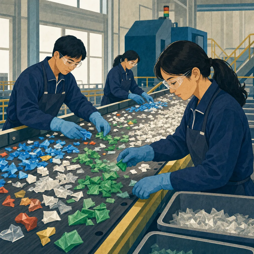 再生プラスチックを選別する日本人（編集記事向け）。プラスチックリサイクル、資源循環、選別、再生材の記事や案内に使える商用素材です。
