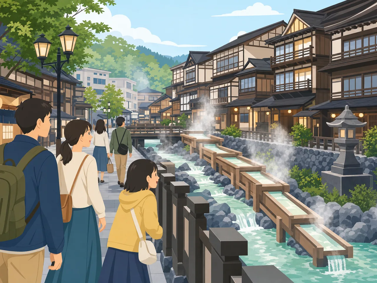群馬の温泉街を歩く旅行者（フラットイラスト）。群馬旅行、温泉街、温泉旅行、関東旅行の記事や案内に使える商用素材です。