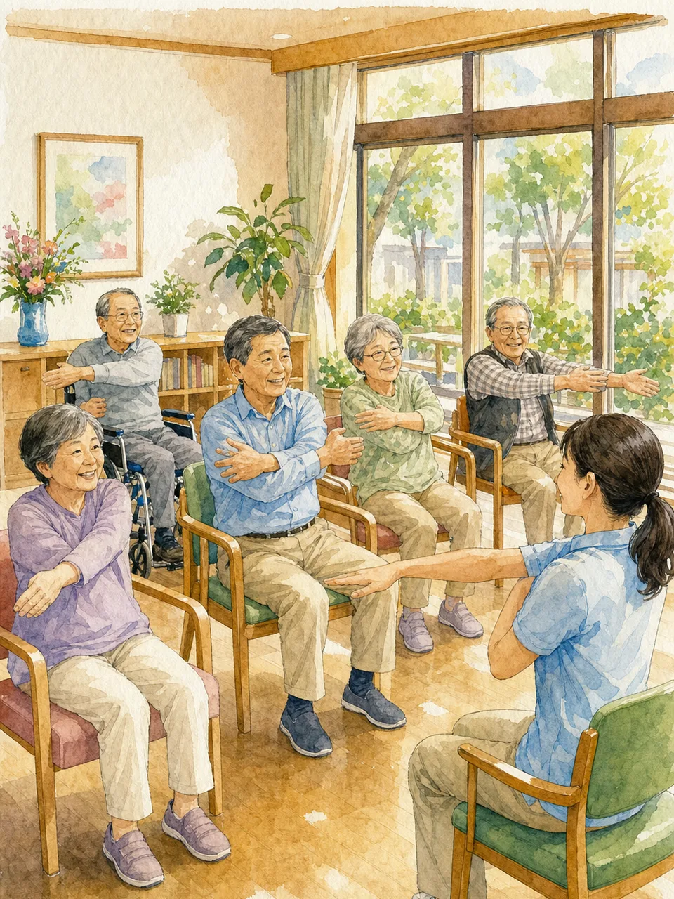 デイサービスで体操する日本の高齢者（手描き水彩）。デイサービス、介護予防、集団体操、高齢者支援に使える素材です。