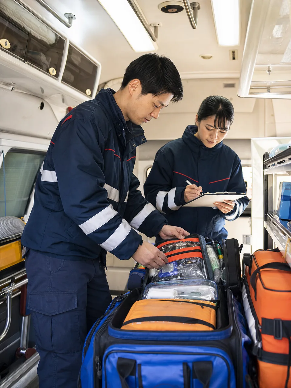救急車の装備を点検する日本人救急救命士（自然な縦位置写真）。救急救命士、救急、装備点検、地域医療の記事向け素材です。