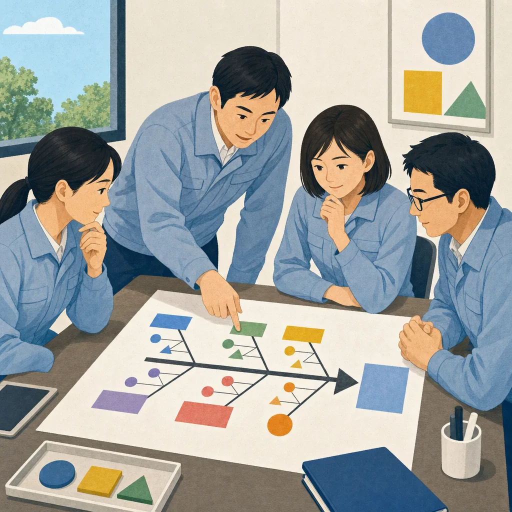 品質改善を検討する日本人チーム（編集記事向け）。品質改善会議、原因分析、品質管理、製造業の記事や案内に使える商用素材です。
