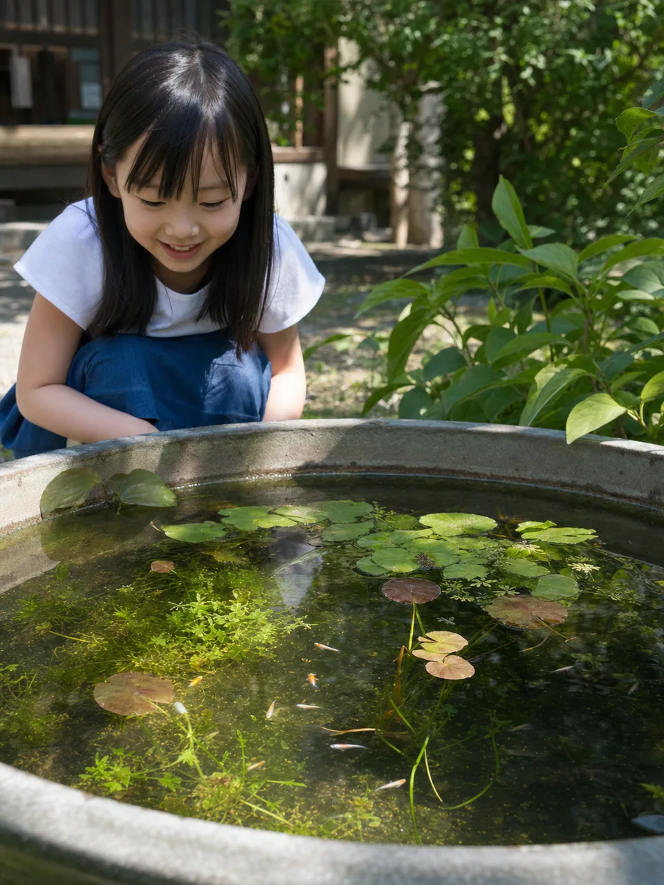 屋外の水辺で泳ぐメダカ（自然な縦位置写真）。メダカ、ビオトープ、観賞魚、水辺の記事向け素材です。
