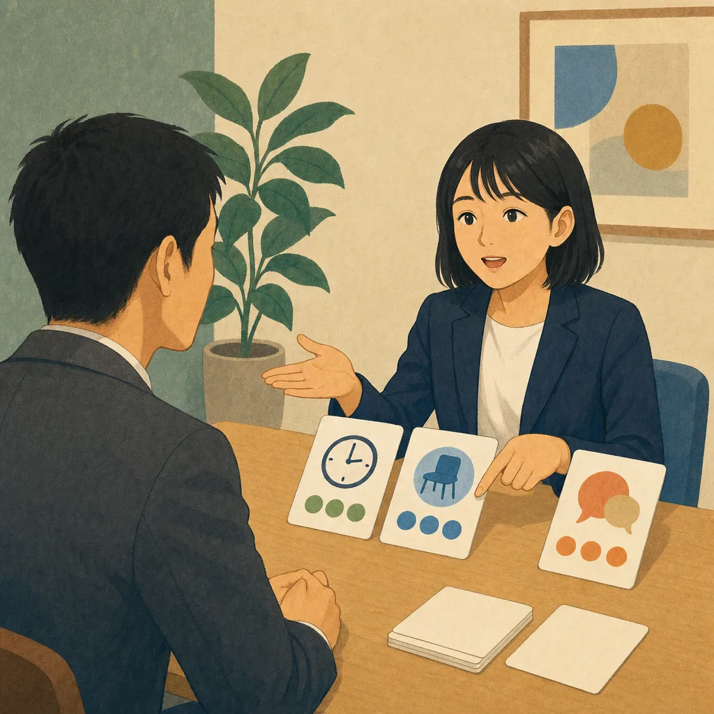 職場の配慮を相談する日本人（編集記事向け）。見えない障害、合理的配慮、職場相談、障害者雇用の記事や案内に使える商用素材です。