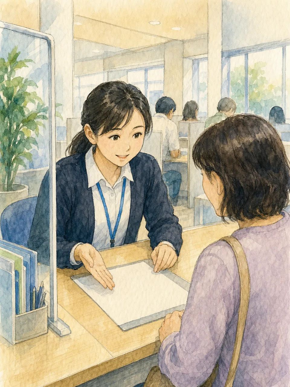 市役所窓口で案内する日本人公務員（手描き水彩）。公務員、市役所、行政サービス、窓口対応の記事向け素材です。