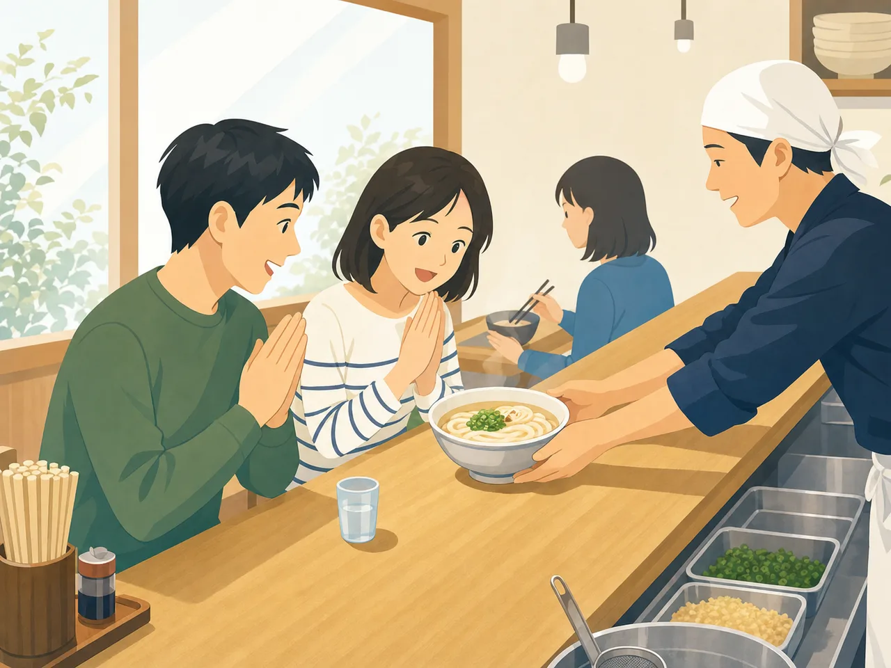 うどんを楽しむ日本人（フラットイラスト）。うどん、麺料理、和食、飲食店の記事に使える素材です。