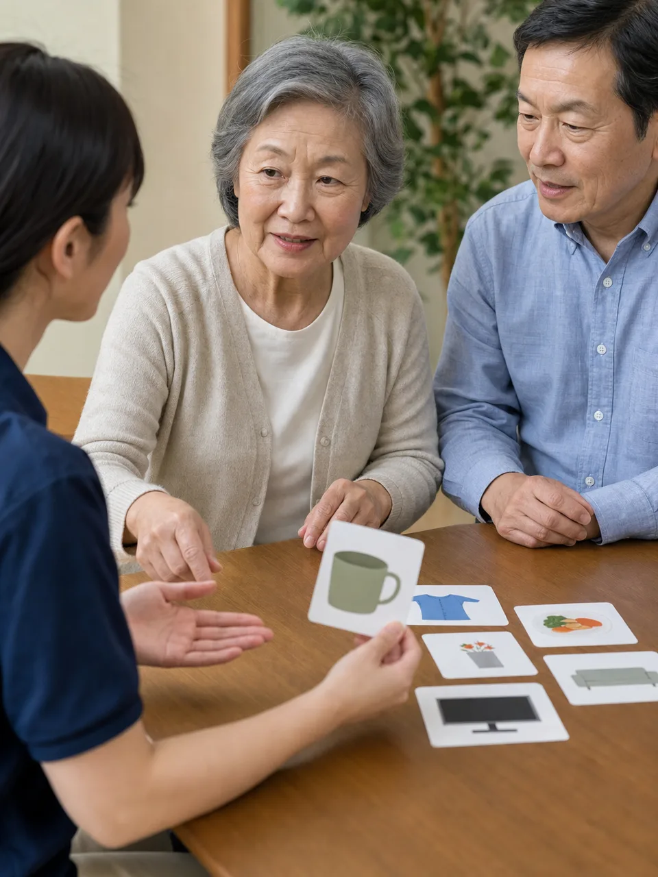 認知症支援を話し合う日本人家族（自然な縦位置写真）。認知症支援、家族相談、高齢者ケア、介護相談の記事や案内に使える商用素材です。