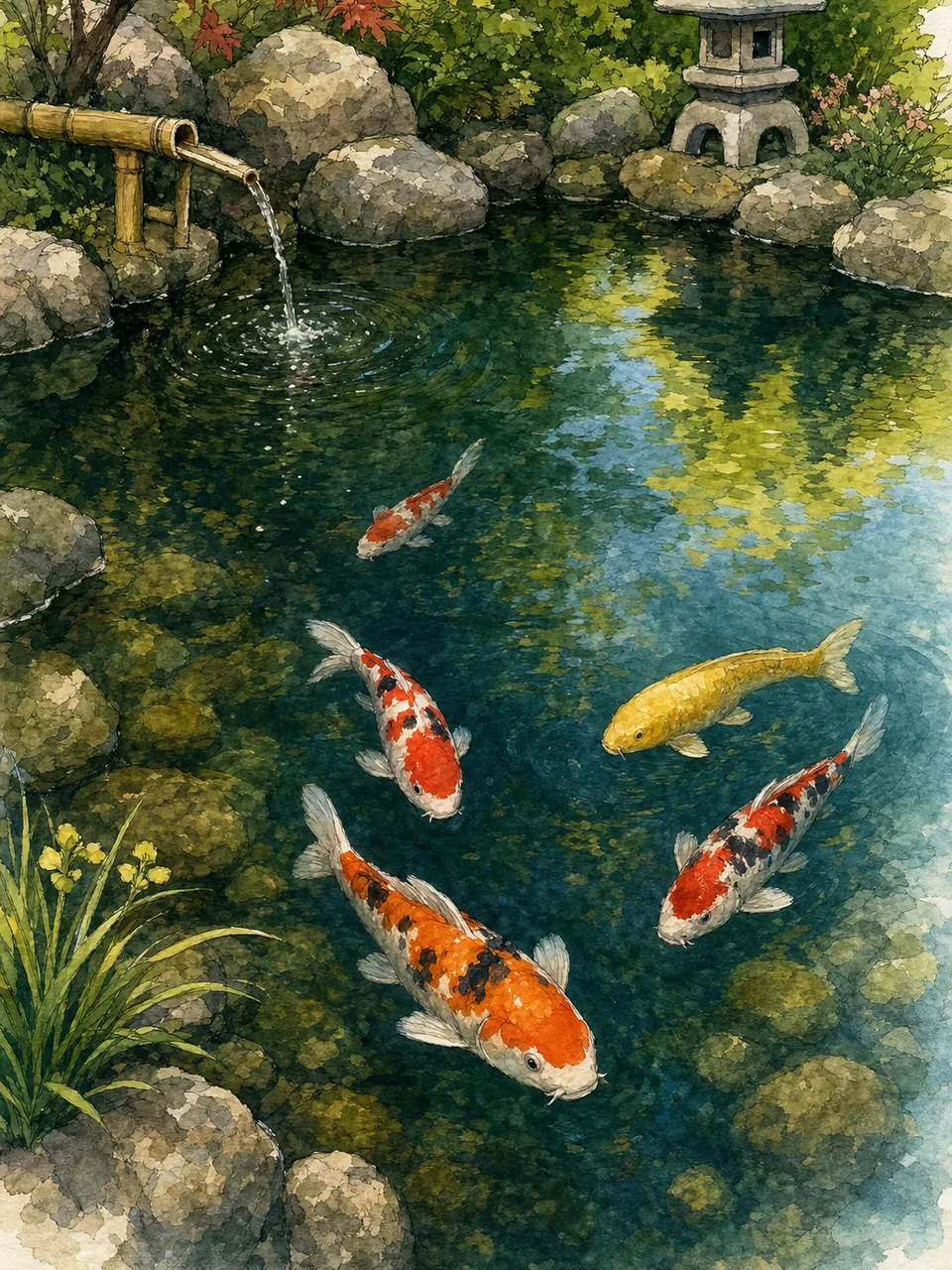 庭園の池で泳ぐ健康な錦鯉（手描き水彩）。錦鯉、鯉、庭園池、観賞魚の記事や案内に使える商用素材です。