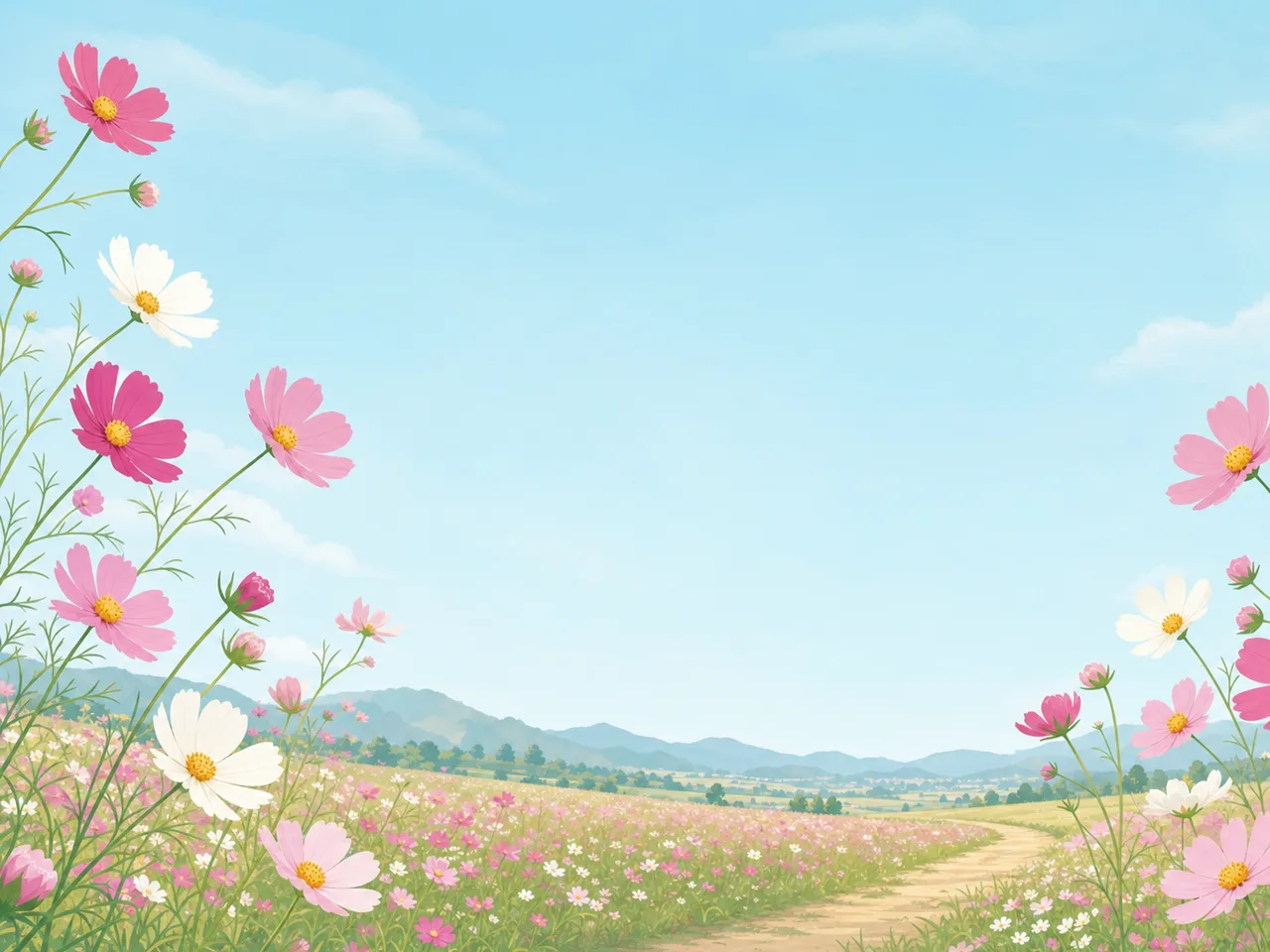 秋のコスモス畑の背景（フレームイラスト）。コスモス畑、秋、花畑、自然背景に使える素材です。