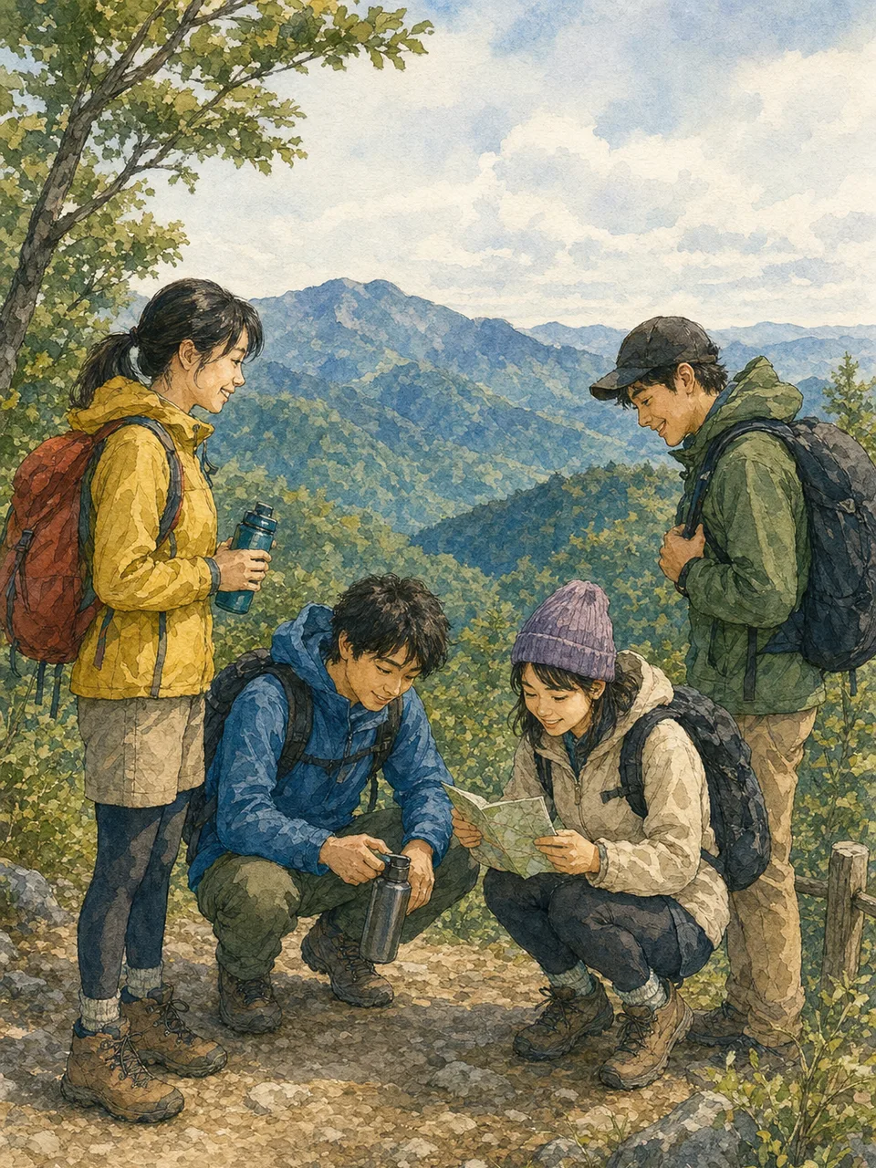 安全に登山を楽しむ日本人の友人（手描き水彩）。登山、ハイキング、アウトドア、健康促進の記事向け素材です。