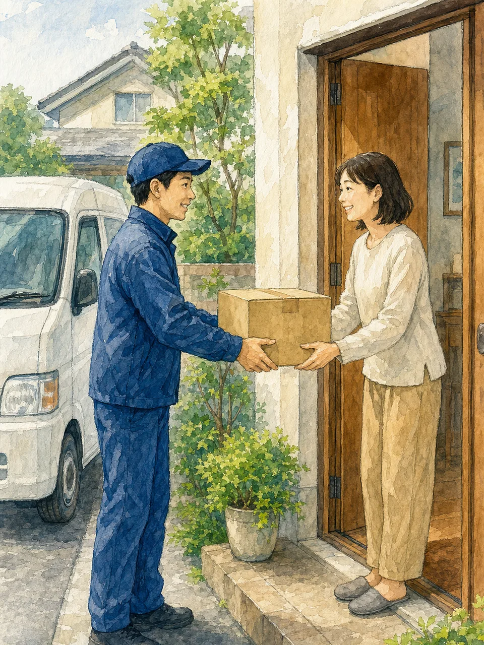 宅配便を届ける日本人ドライバー（手描き水彩）。宅配便、物流、配送、ラストワンマイルの記事向け素材です。