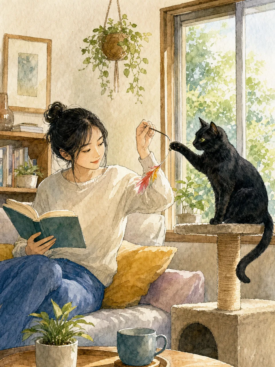 黒猫と暮らす日本人（手描き水彩）。黒猫、猫、ペットとの暮らし、日常の記事向け素材です。