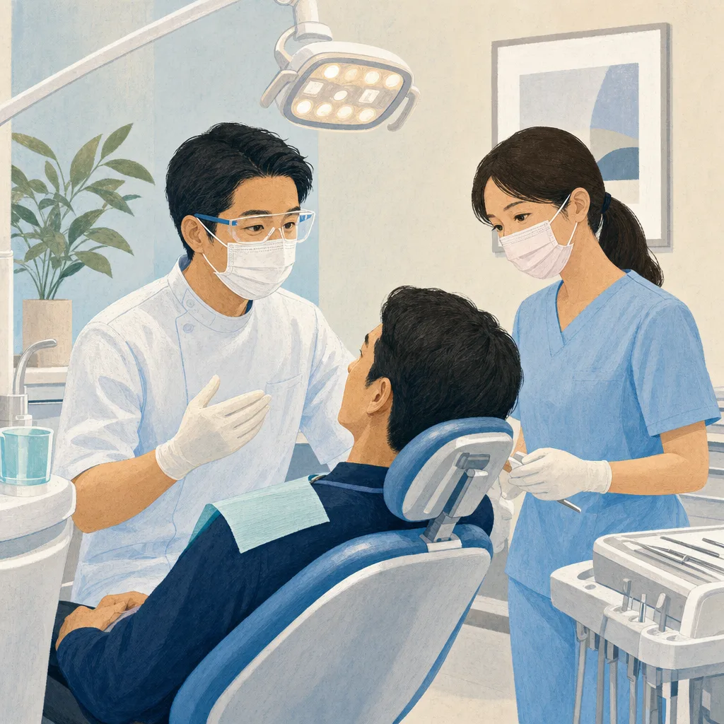 歯科健診を受ける日本人患者（編集記事向け）。歯医者、予防歯科、定期健診、口腔ケアの記事向け医療素材です。