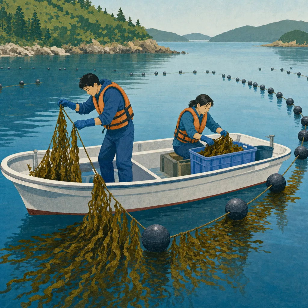 海藻を収穫する日本人漁業者（編集記事向け）。海藻養殖、海苔、わかめ、水産業の記事や案内に使える商用素材です。