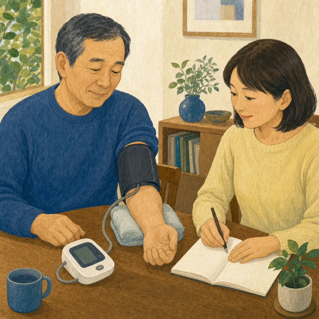 家庭で血圧を測る日本人（編集記事向け）。高血圧、血圧測定、健康管理、家庭医療の記事向け素材です。