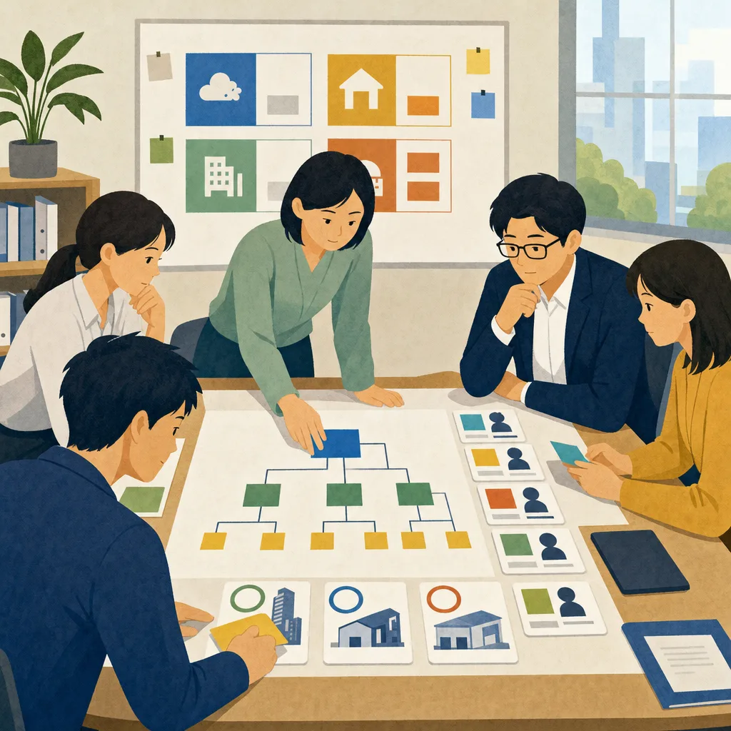 事業継続計画を作る日本人チーム（編集記事向け）。事業継続計画、BCP、災害対策、リスク管理の記事や案内に使える商用素材です。